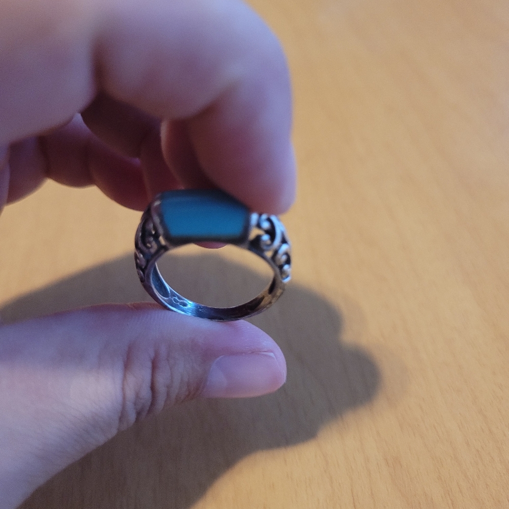 Sterling Silver 925 Scrolled Filligree Boho Ring with Turquoise Colored Inset - Picture 4 of 15